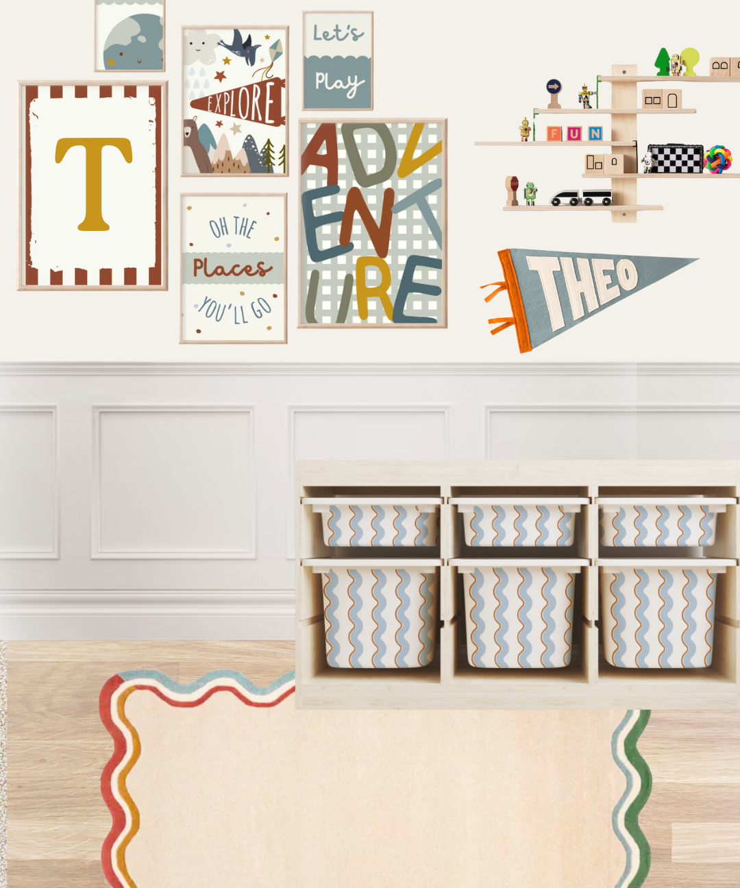 Children's room with colorful wall art, storage bins, and a rug.