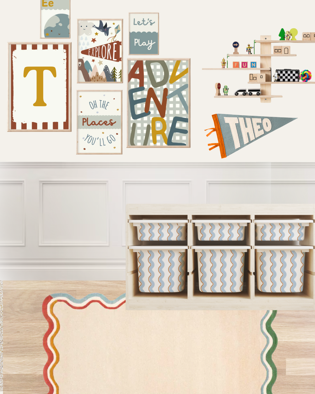 Children's room with colorful wall art, storage bins, and a rug.