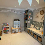 Duck Egg Blue gingham IKEA Trofast decals in a playroom