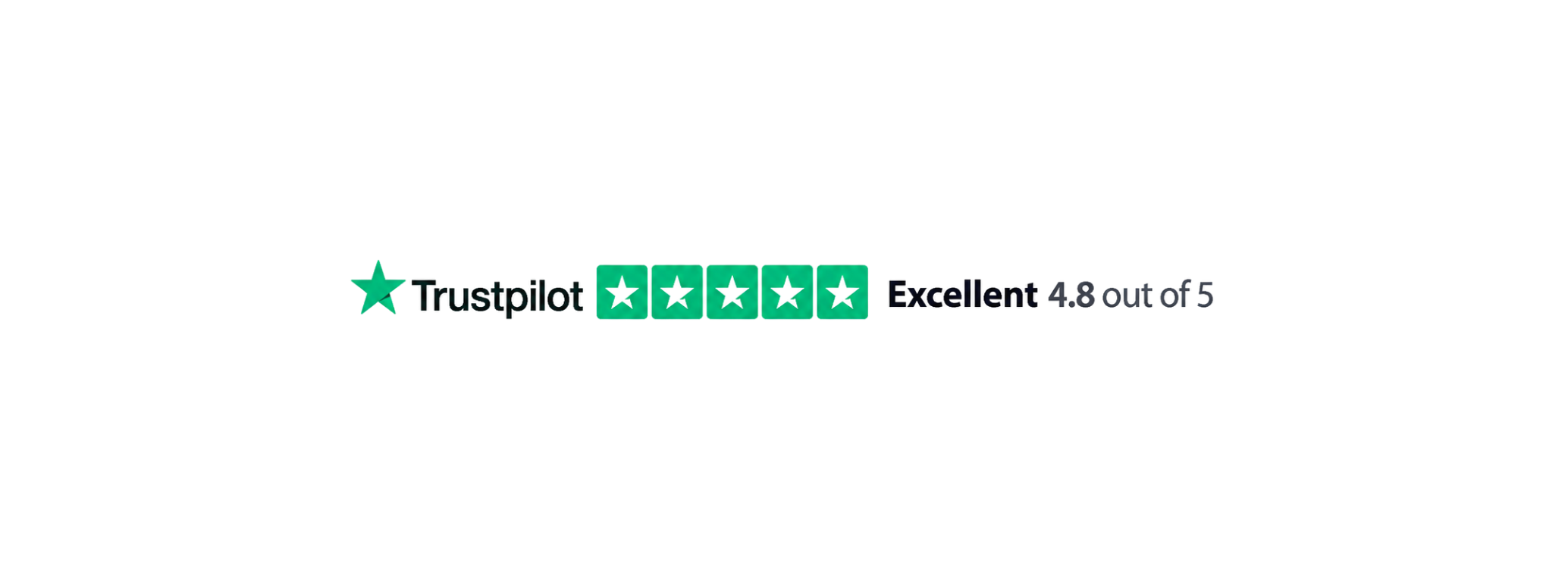 Trustpilot rating badge showing a green star icon, four filled stars, and the text 'Excellent 4.8 out of 5' on a plain white background.