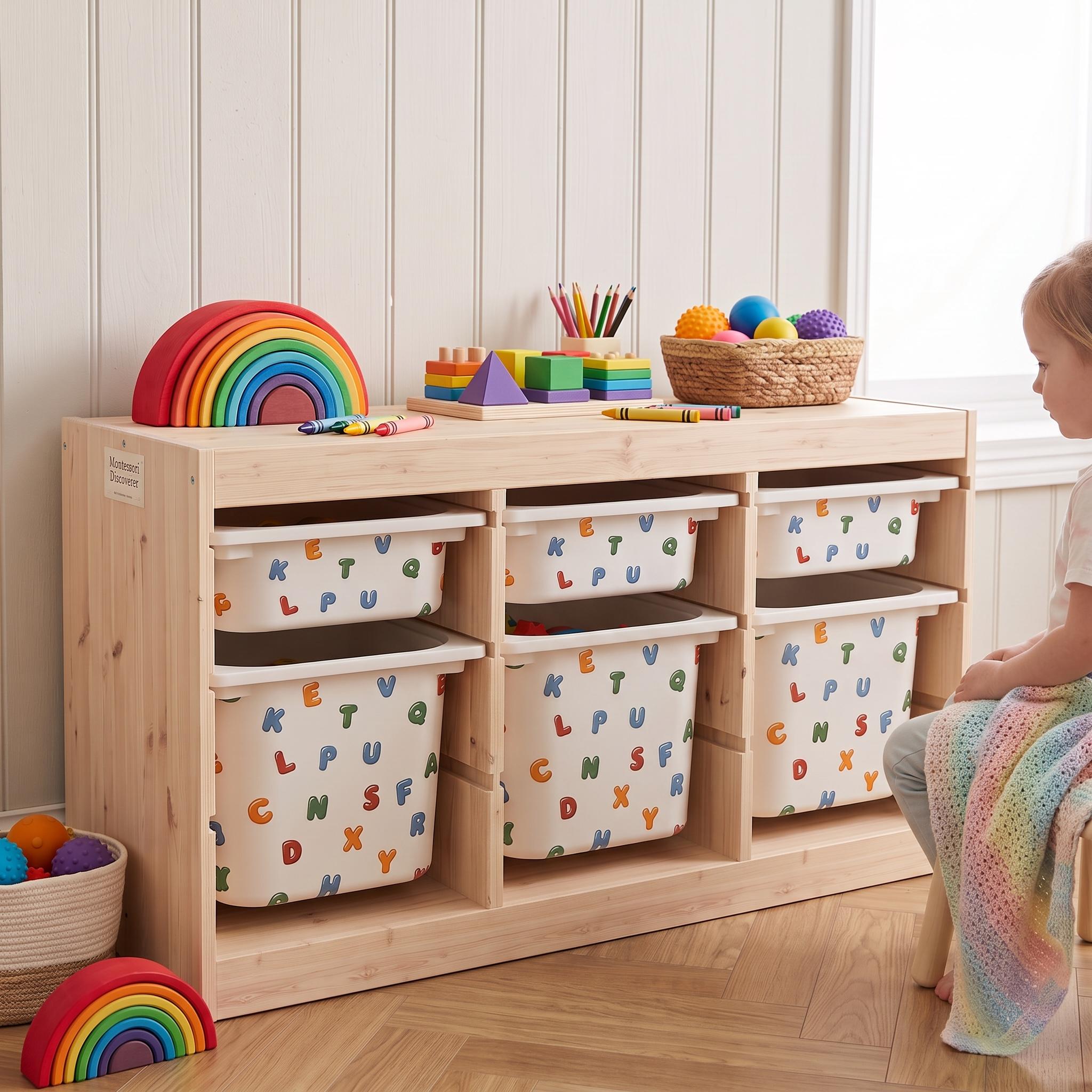 A light natural wood children's storage cabinet with six alphabet-print fabric bins, styled in a bright nursery with toys and a child sitting nearby.