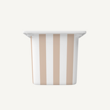 Oatmeal stripe Trofast sticker on IKEA storage bin – neutral playroom label