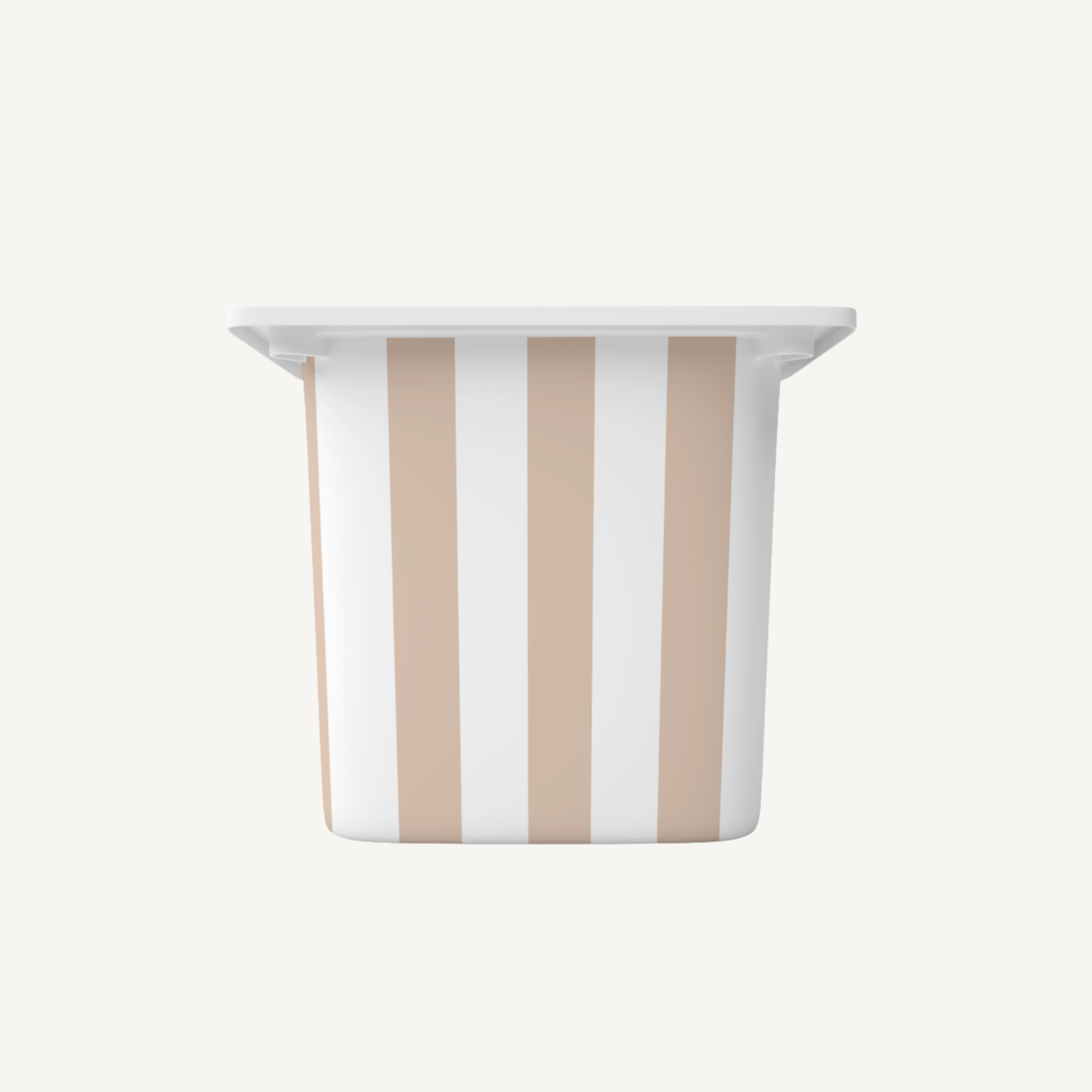Oatmeal stripe Trofast sticker on IKEA storage bin – neutral playroom label